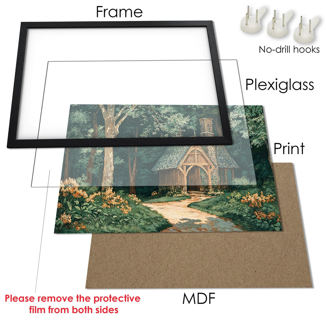 Framed Poster of a serene landscape with a cabin, featuring a natural color palette. Perfect wall art for your home!