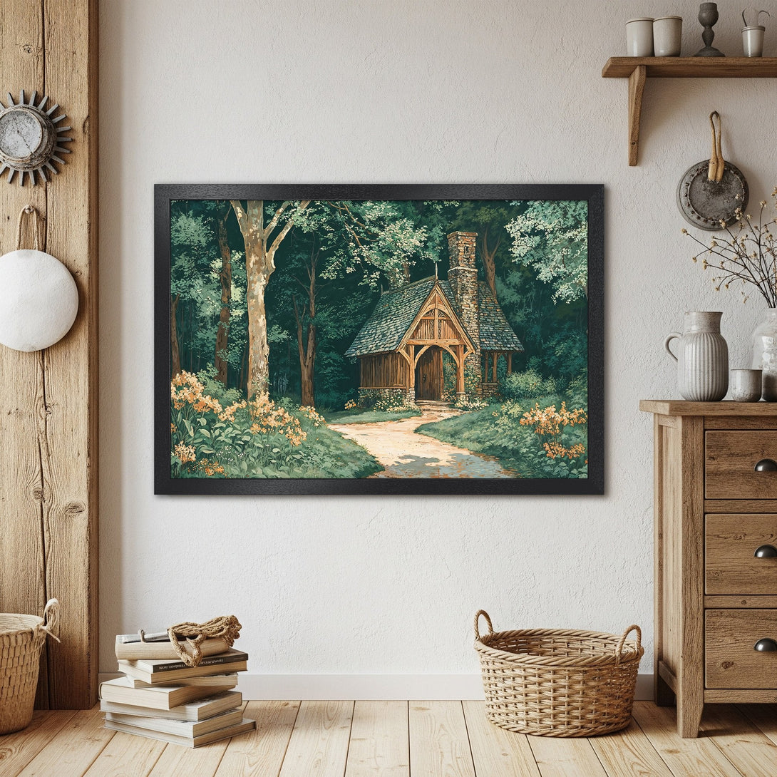 Framed Poster of a serene forest scene with a cabin. Featuring a natural color palette, perfect for adding a touch of nature to your decor.