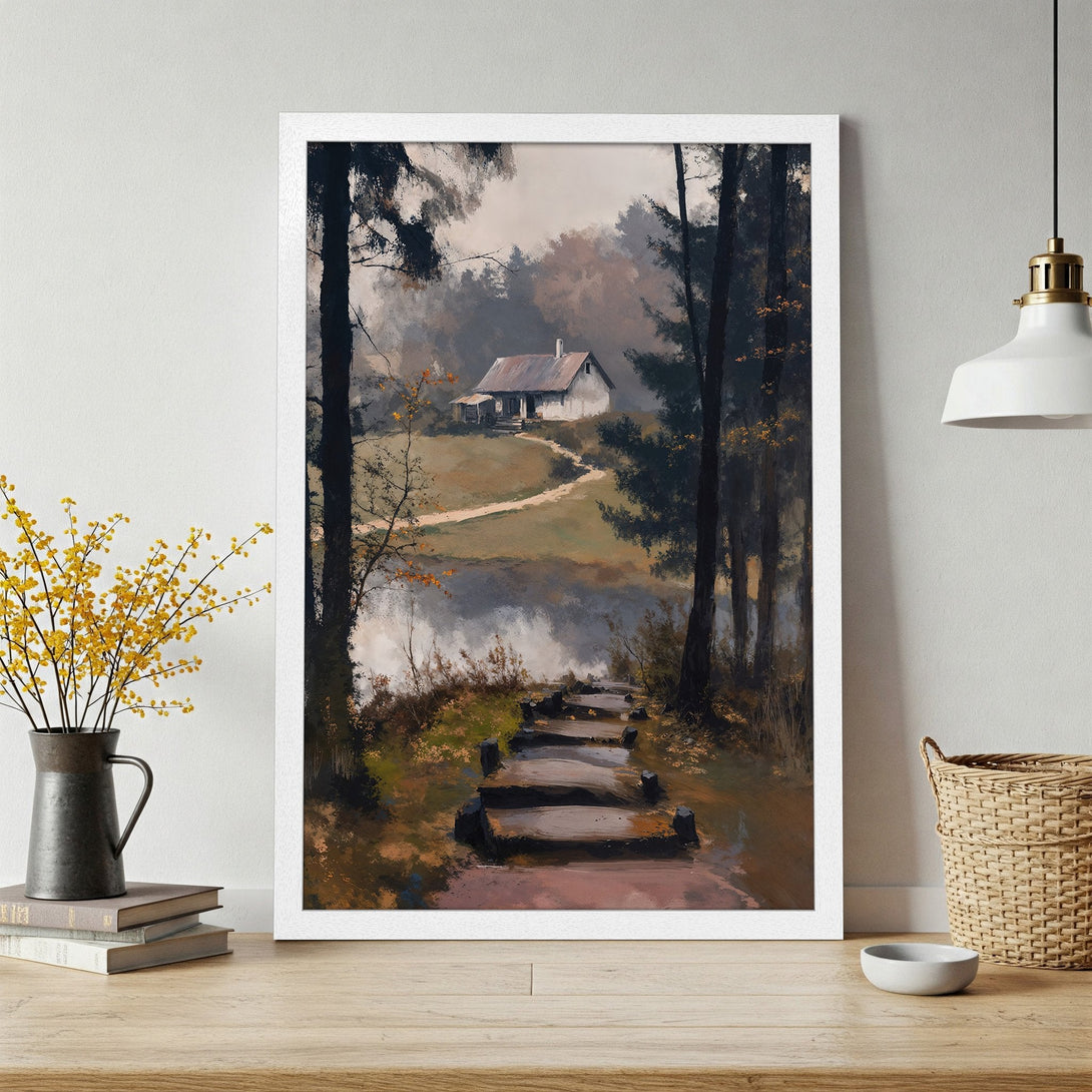 Framed Poster of a serene cabin scene in a painterly style. Earthy tones and a calming aesthetic. Perfect wall art!