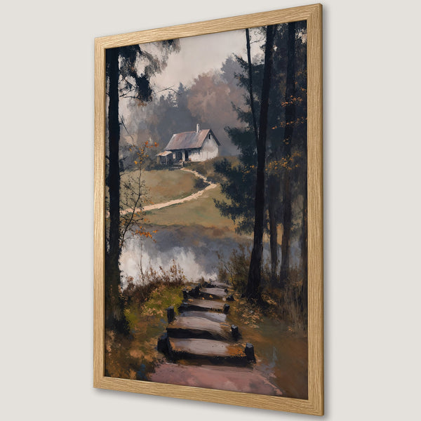 Framed Poster of a serene cabin scene in a forest. Impressionistic style with a muted, earthy color palette. Perfect wall art!
