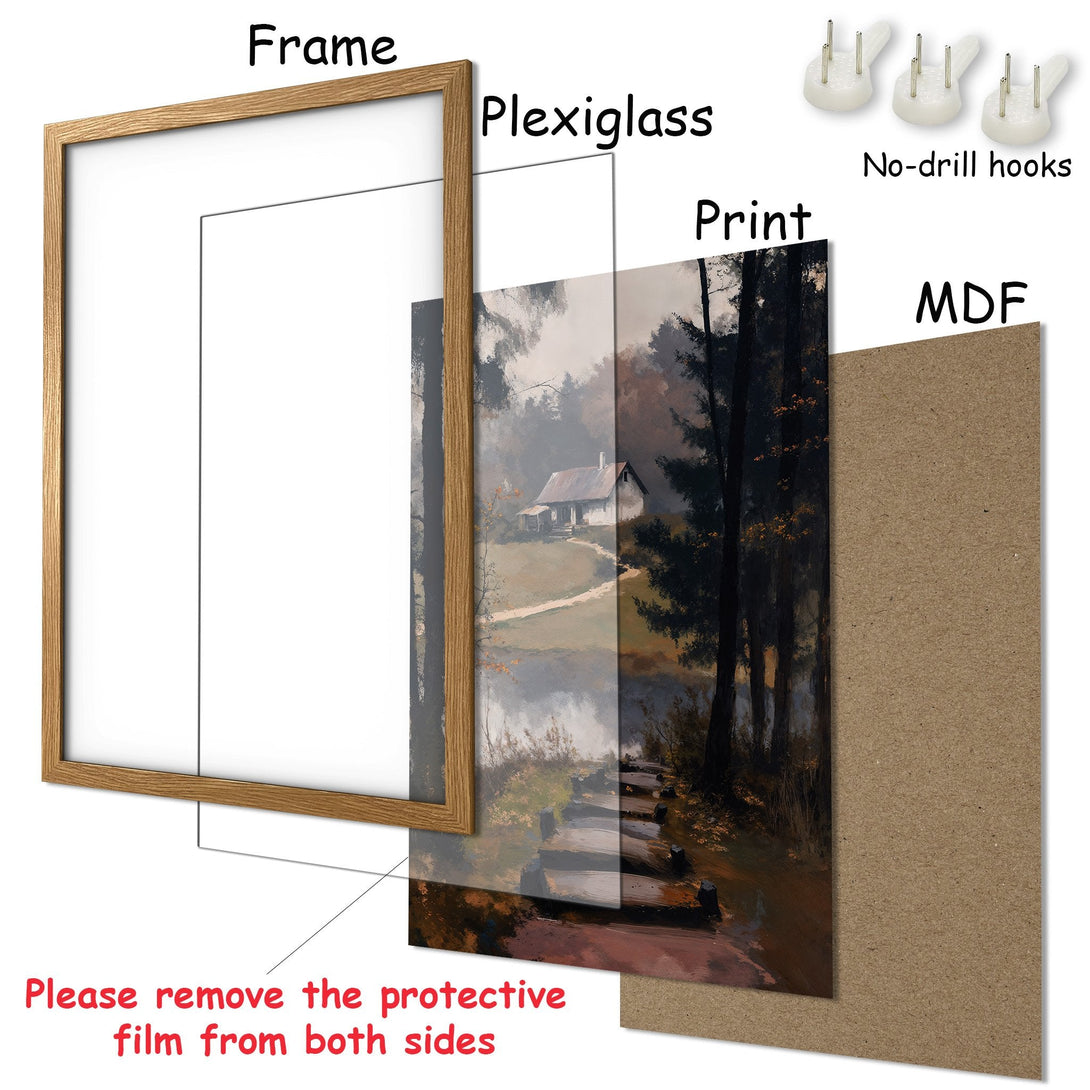 Framed Poster featuring a serene landscape painting in muted earth tones. Perfect wall art for a cozy home. Ready to hang!