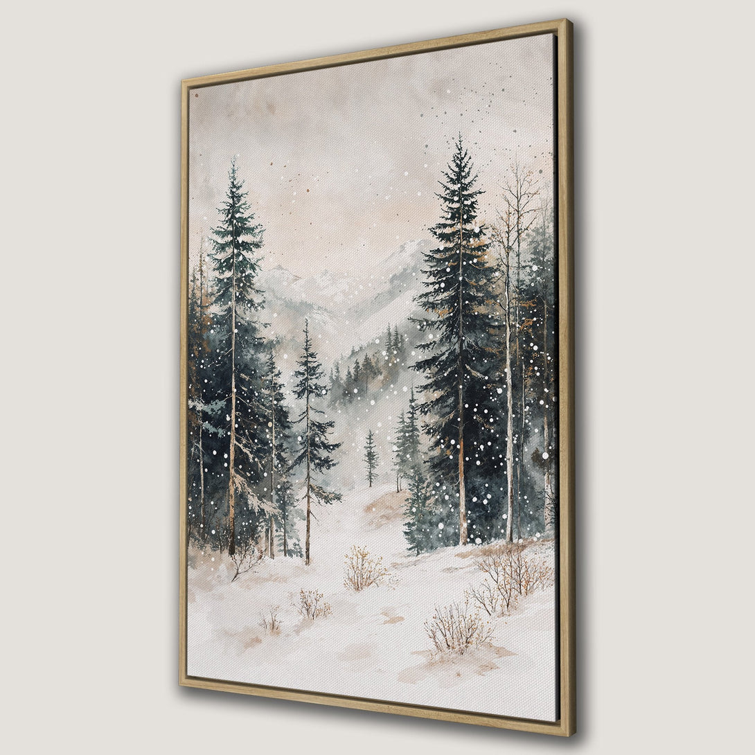 Framed Wall Art of a winter forest scene in watercolor style. Features a snowy landscape with evergreen trees and a neutral color palette.