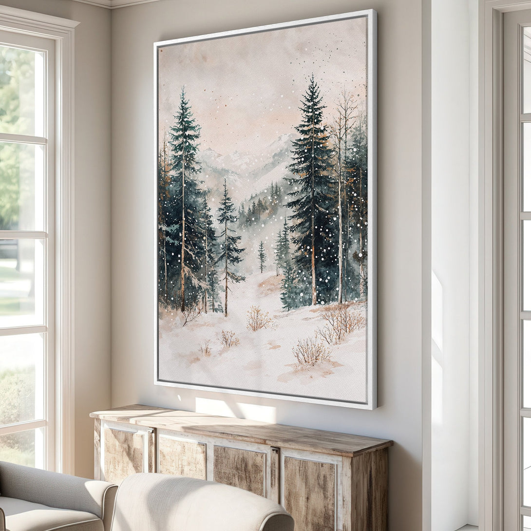 Framed Wall Art: Watercolor winter forest scene in muted teal and beige tones. Bring the serenity of nature into your home with this stunning canvas print.