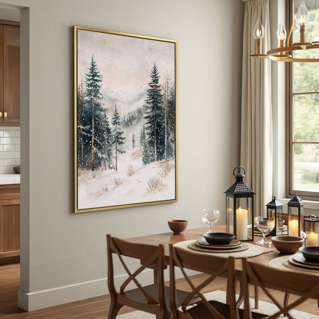 Canvas Print of a snowy forest scene in muted watercolor style. Neutral color palette with greens, whites, and browns. Perfect for rustic decor.