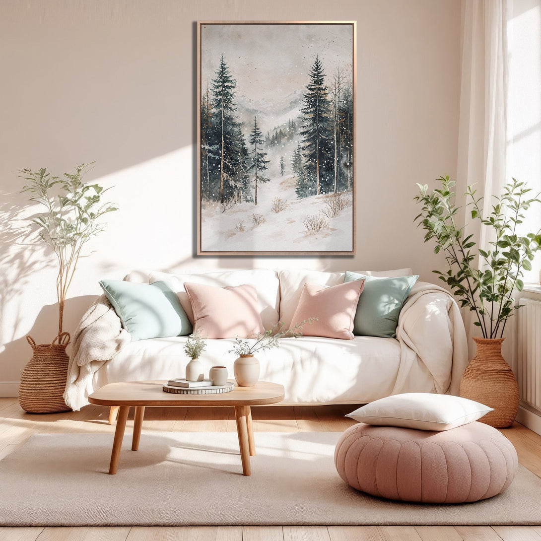 Framed Wall Art: Watercolor winter forest scene in soft blues, greens, and neutrals. Adds a touch of nature and serenity to any living room. Shop now!
