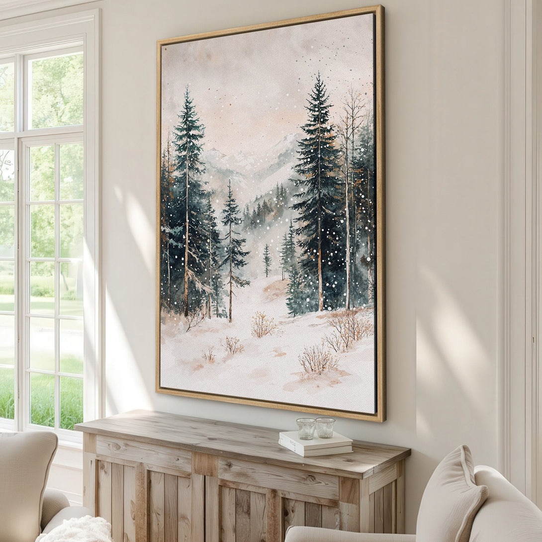 Framed Wall Art: Watercolor winter forest scene with snowy trees in a neutral color palette. Perfect for adding a touch of nature to your home decor.