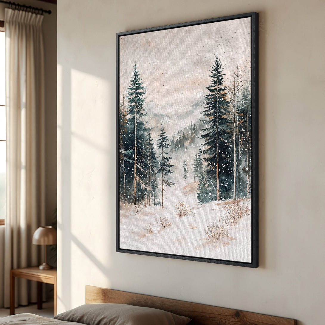 Framed Wall Art featuring a watercolor winter forest scene. Neutral color palette with snowy trees and mountains. Perfect for adding a touch of nature to your home decor.