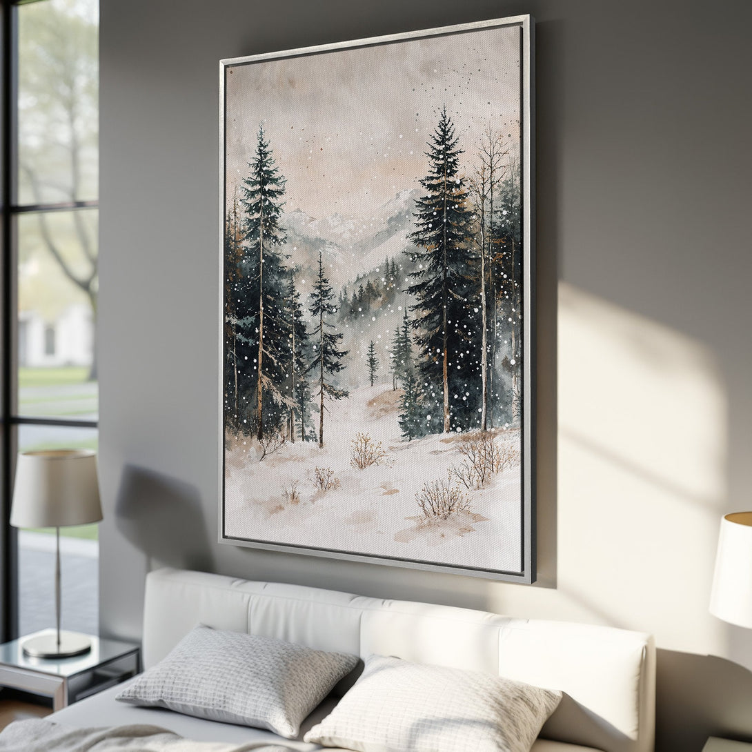 Framed Wall Art: Serene watercolor landscape Canvas Print of a snowy forest with a neutral color palette. Perfect for adding a touch of nature to your home decor.