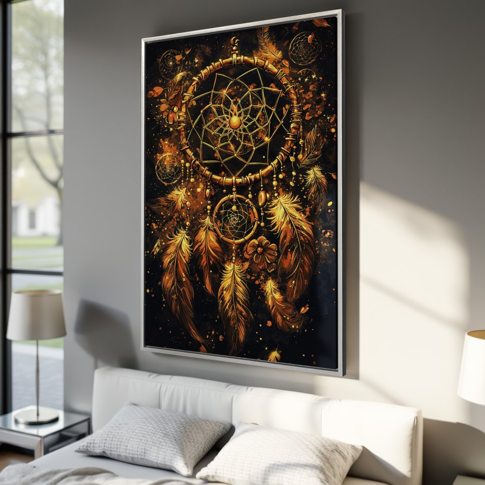 Framed Wall Art: Stunning dreamcatcher art print in gold and copper tones. Perfect boho decor for bedroom or living room. Transform your space!