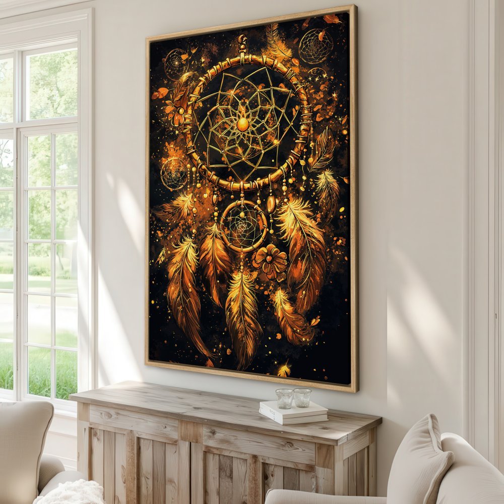 Framed Wall Art: Dreamcatcher print in warm gold & black. Bohemian style canvas art for living room decor. Add a touch of magic!