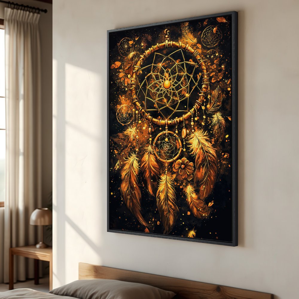 Framed Wall Art: Stunning dreamcatcher art print in warm gold and black tones. Bohemian style canvas print perfect for bedroom decor.