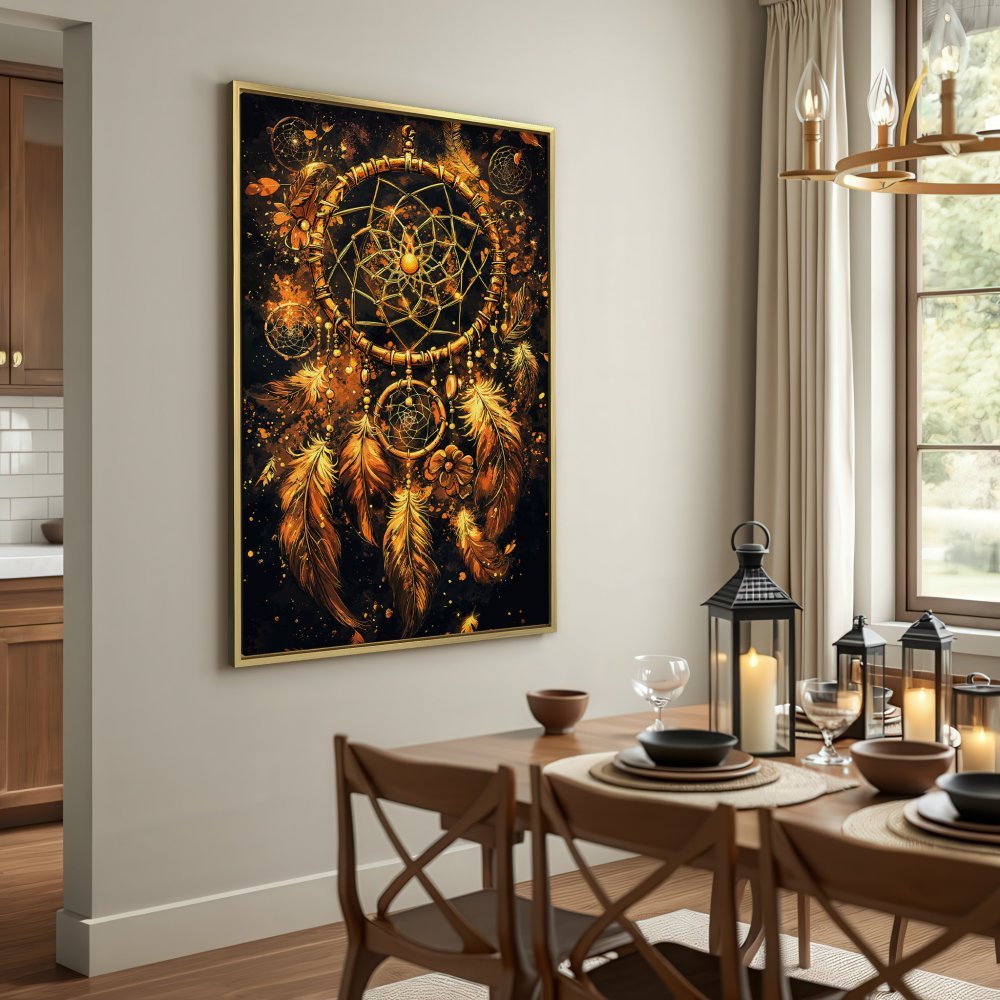 Canvas Print of a golden dreamcatcher, bohemian art style with warm gold and black color palette, perfect wall decor.