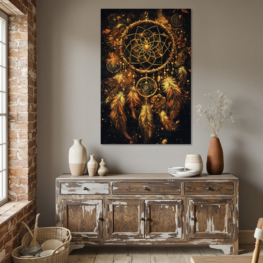 Framed Wall Art: Dreamcatcher Canvas Print in gold and black. Bohemian style art for home decor. Bring positive vibes to your dining room!
