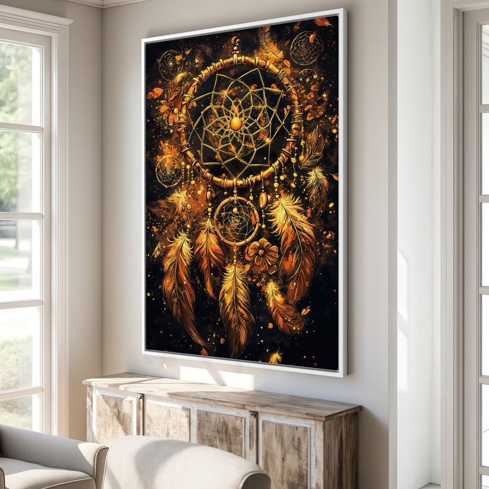 Framed Wall Art: Stunning dreamcatcher canvas print in warm gold and black tones. Perfect boho decor for your home!