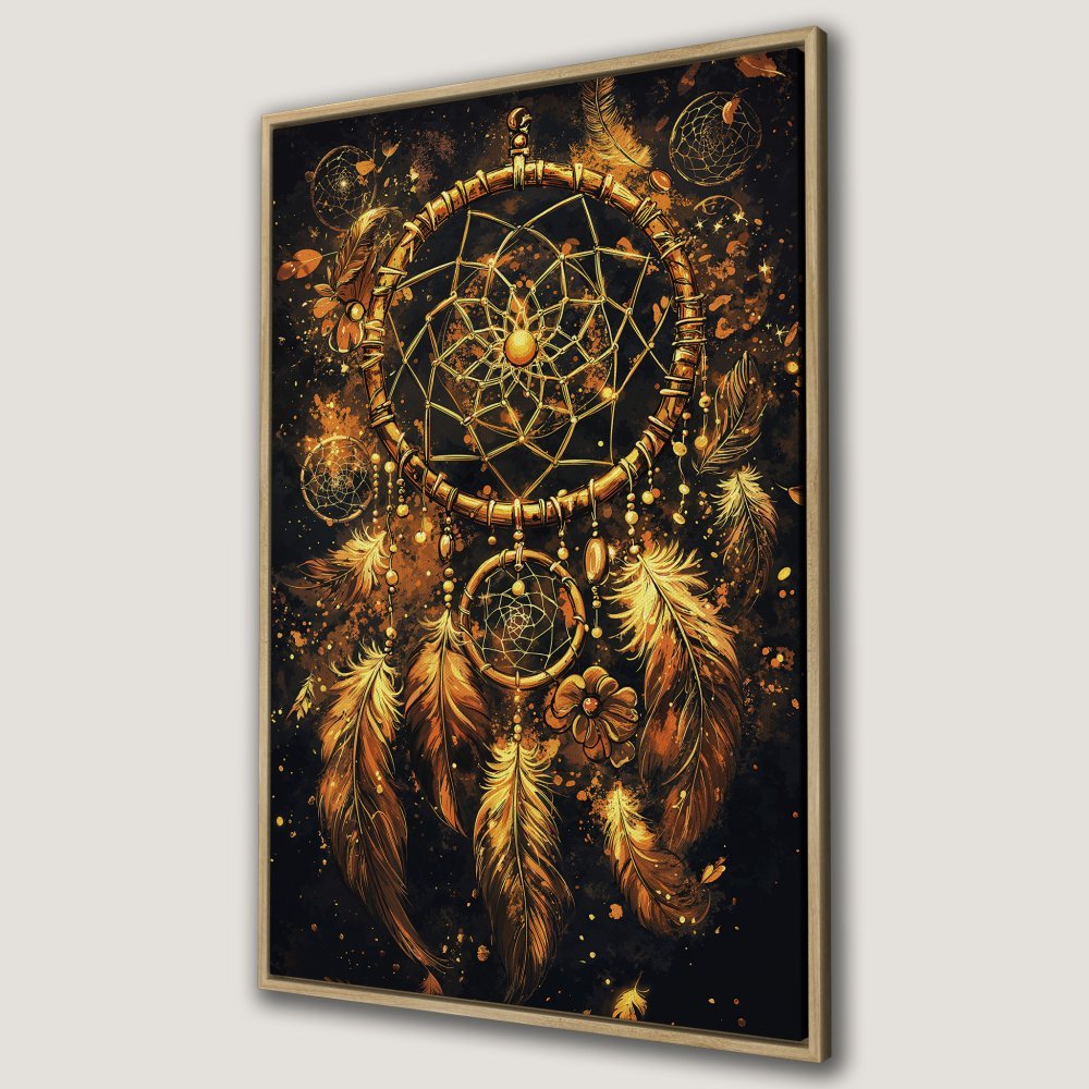 Framed Wall Art: Stunning dreamcatcher art print in gold and black. Bohemian style canvas print for a touch of magic!