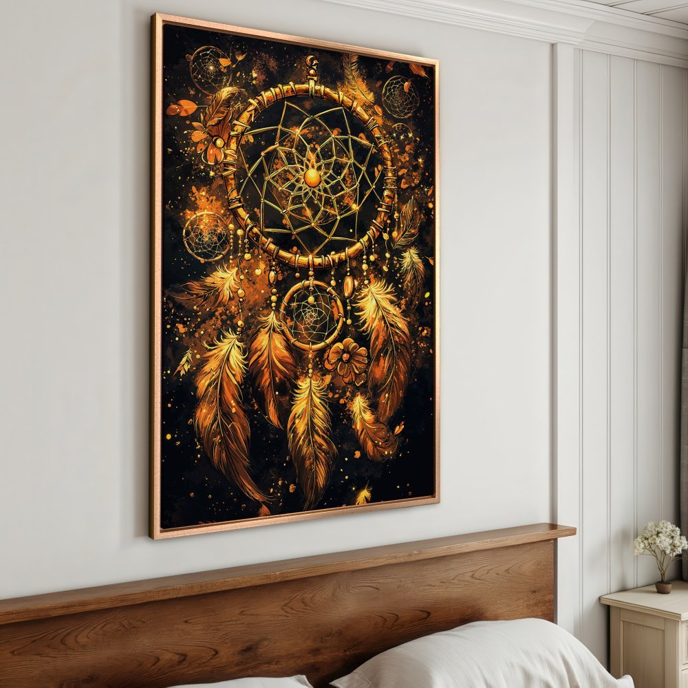 Framed Wall Art: Dreamcatcher canvas print in warm gold and black tones. Boho style wall decor for bedroom or living room.
