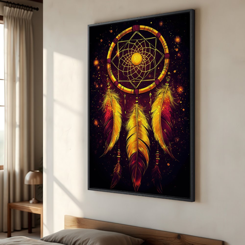 Framed Wall Art: Dreamcatcher Canvas Print with vibrant gold & red feathers. Perfect boho decor for a bedroom. Add a touch of magic!