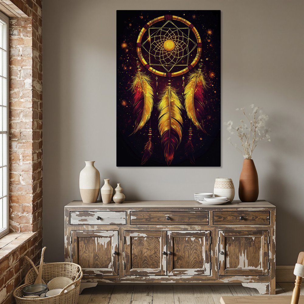 Framed Wall Art: Dreamcatcher canvas print with vibrant yellow, orange, and red feathers. Perfect boho decor for any room. Shop now!
