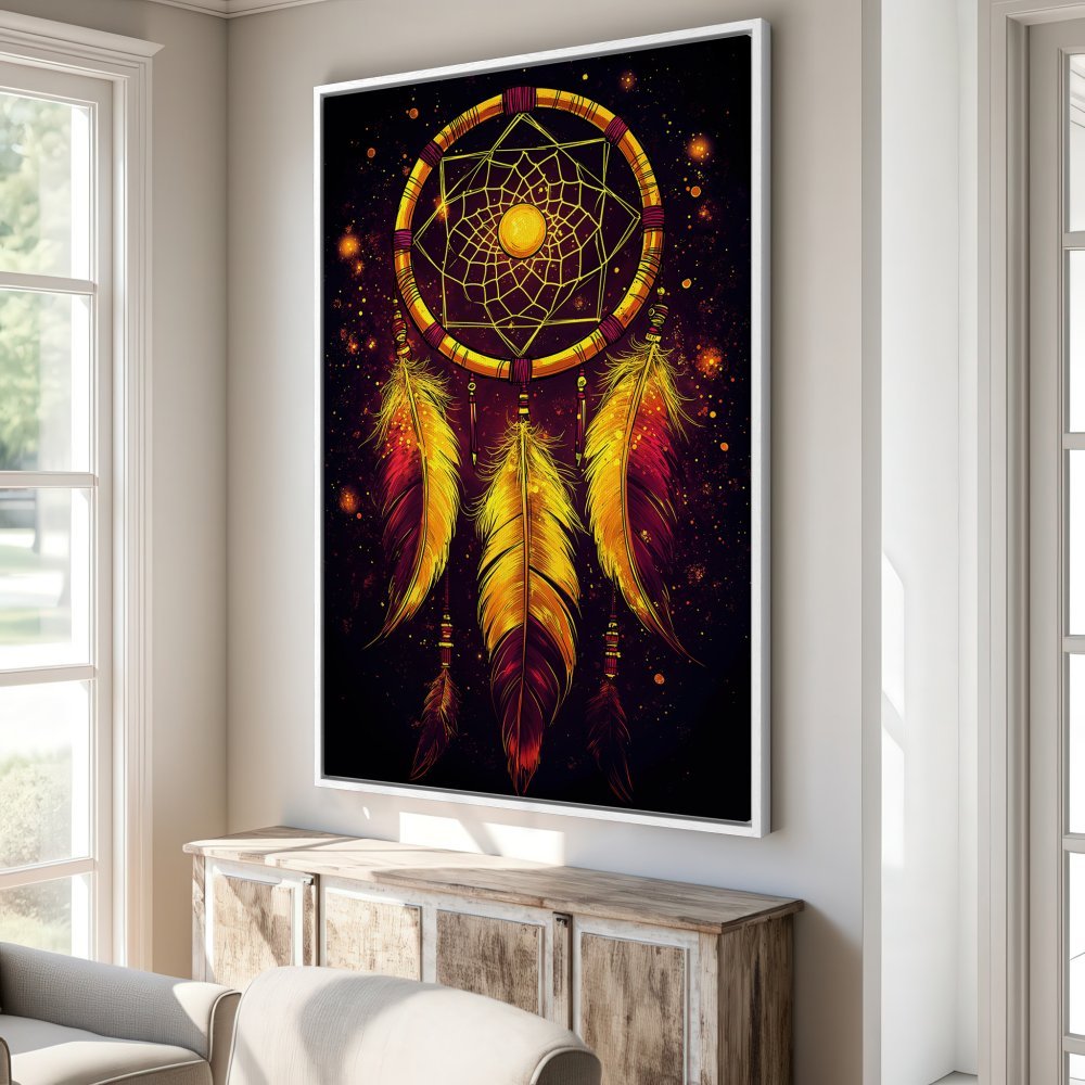 Framed Wall Art: Dreamcatcher canvas print in warm gold and red tones. Bohemian style art for your home decor.