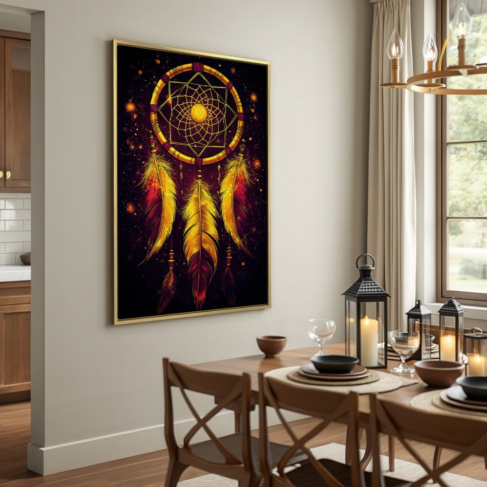 Canvas Print of a vibrant dreamcatcher in warm gold and red tones. Perfect boho wall art for your home decor.