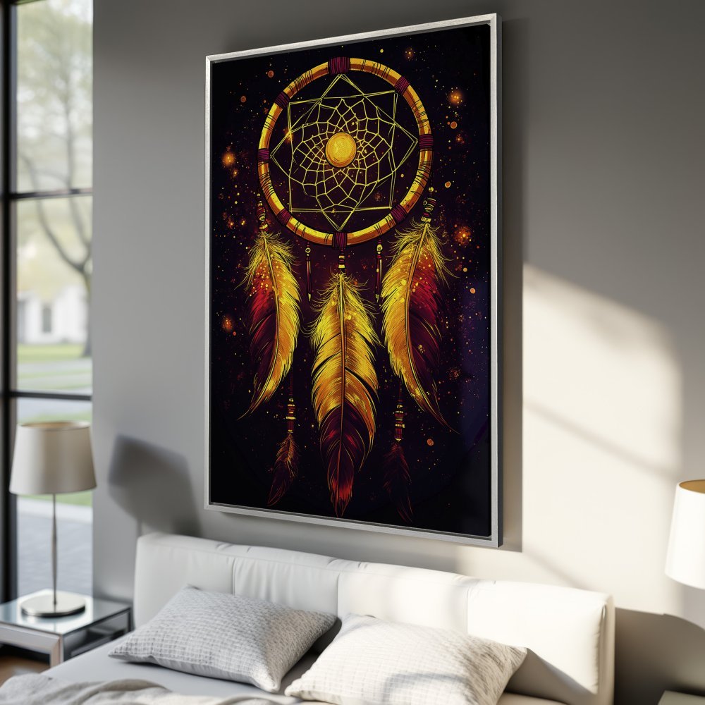 Framed Wall Art: Dreamcatcher print in warm gold and red tones. Add bohemian flair to your bedroom with this stunning canvas art.