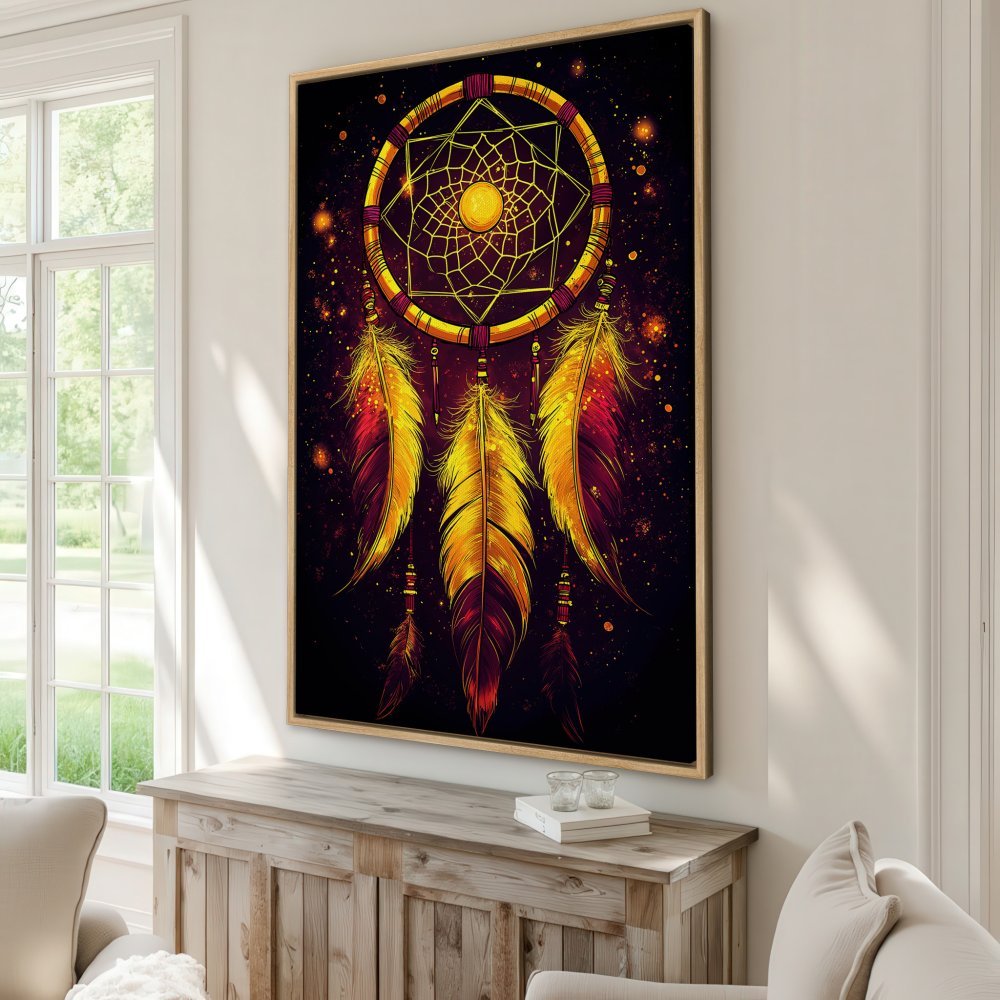 Framed Wall Art: Dreamcatcher canvas print in warm gold and red tones, perfect for boho home decor.