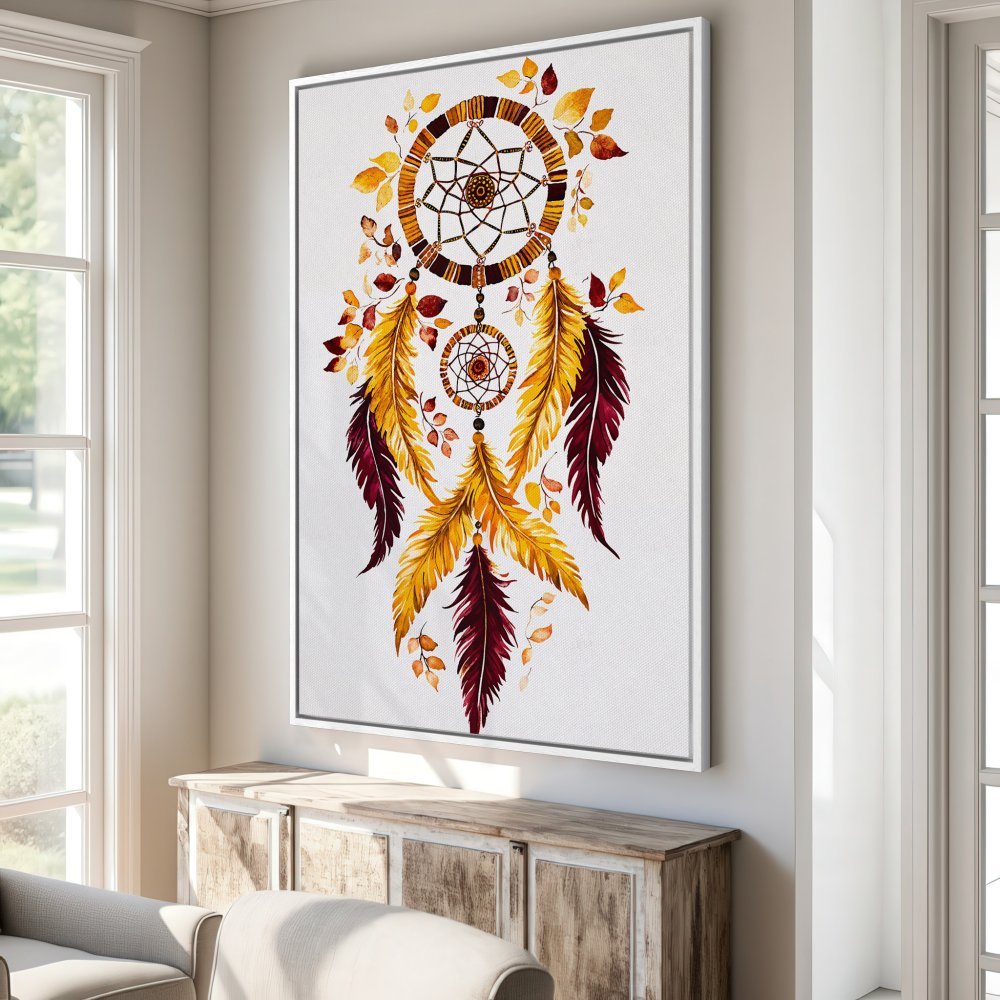 Canvas Print of a watercolor dreamcatcher with warm yellow, orange, and burgundy tones. Bohemian wall art for a cozy home.