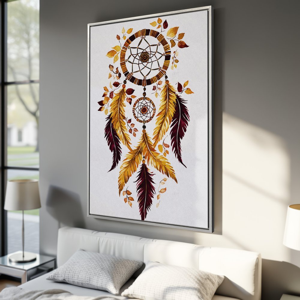 Framed Wall Art: Dreamcatcher Canvas Print in warm autumn colors. Boho style wall decor for bedroom or living room.