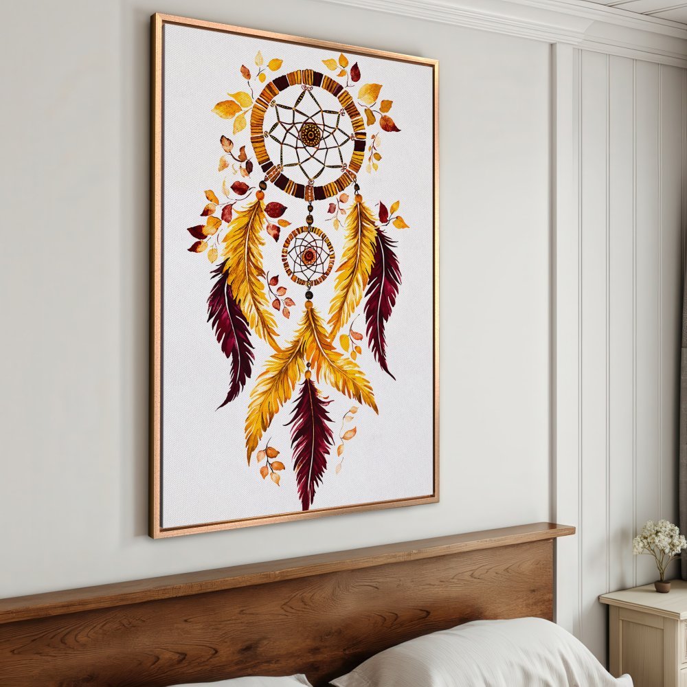 Framed Wall Art: Watercolor dreamcatcher in warm autumn colors. Boho style Canvas Print adds cozy charm to any space.