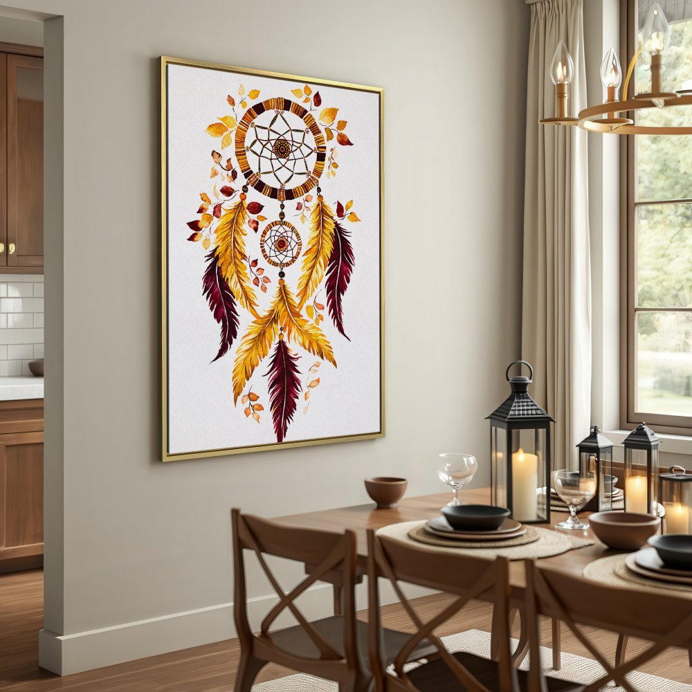 Canvas Print: Dreamcatcher wall art in warm autumn tones. Boho style decor with gold and burgundy feathers. Perfect for living rooms!