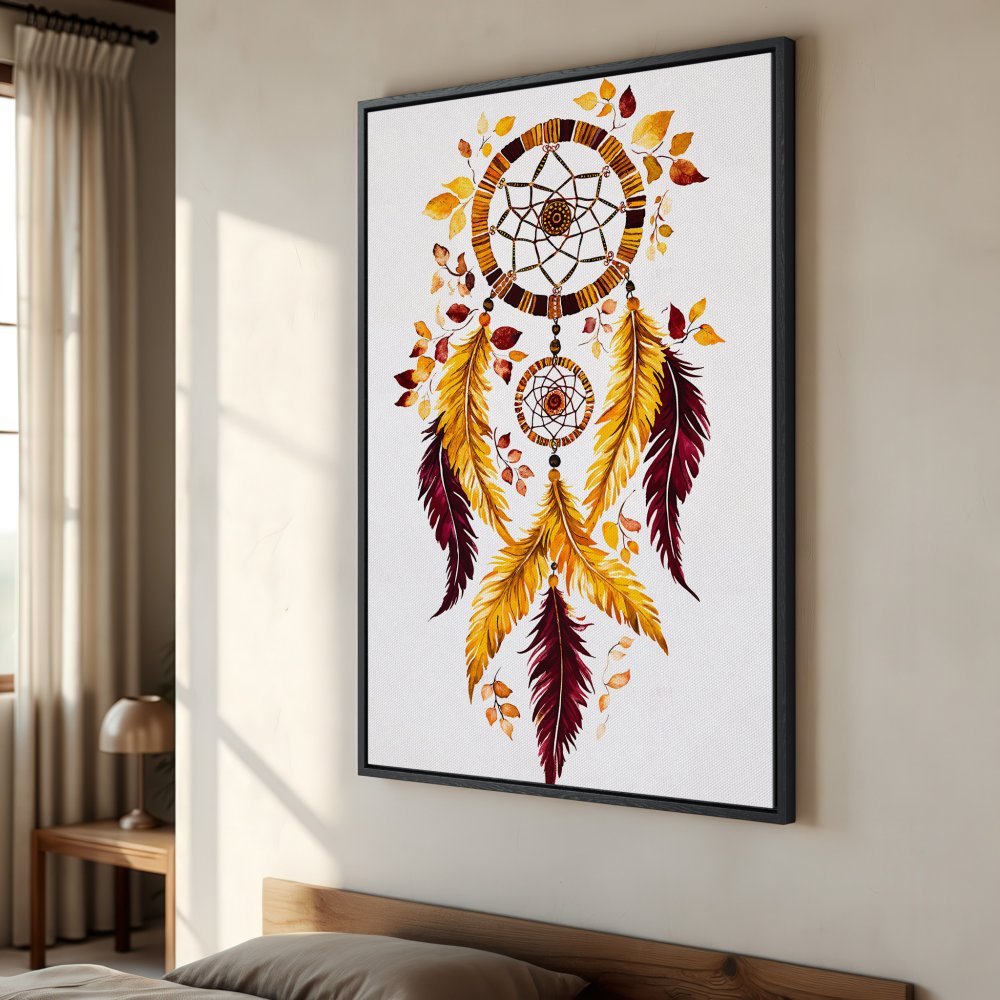 Framed Wall Art: Watercolor dreamcatcher canvas print with warm, autumnal colors. Perfect boho decor for your bedroom or living room!