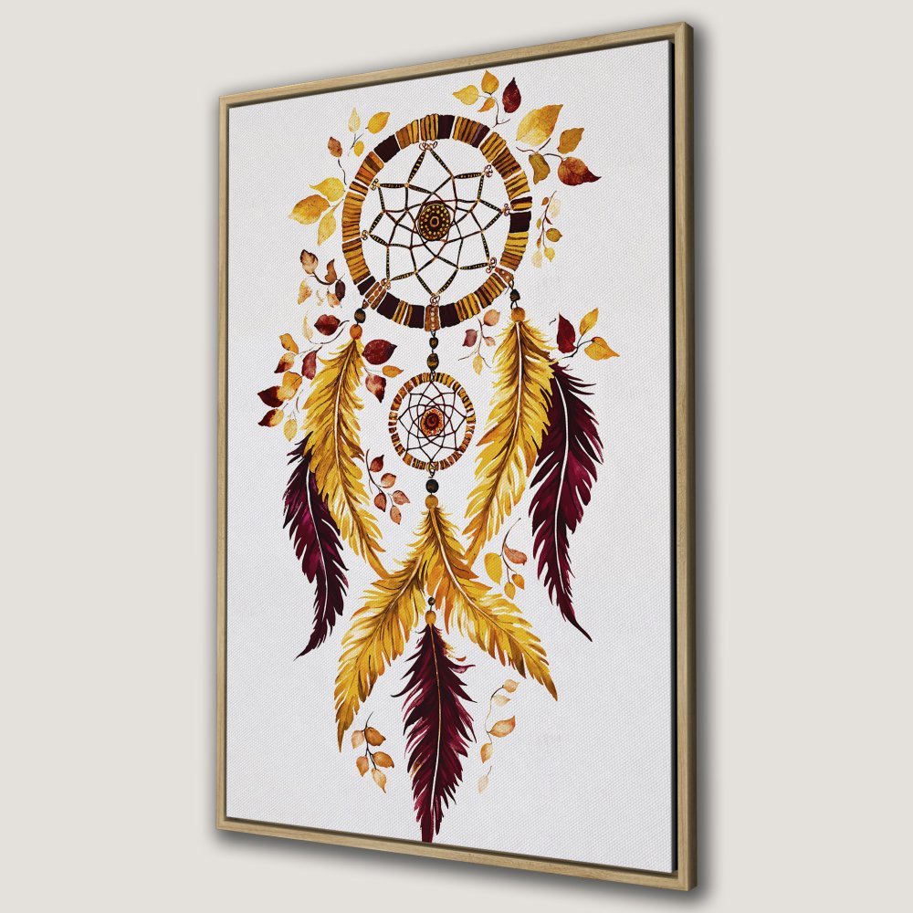 Framed Wall Art: Watercolor dreamcatcher print in warm yellow, gold, and burgundy tones. Boho style canvas art for a cozy home.