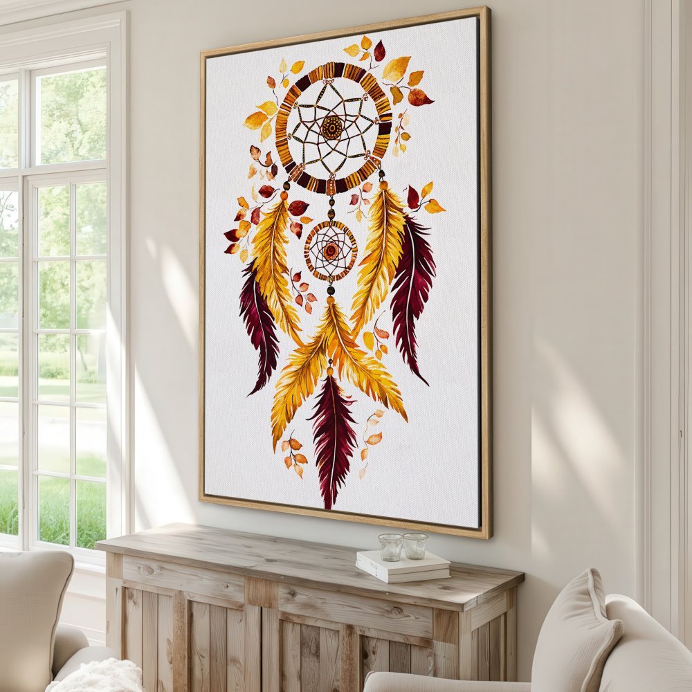 Framed Wall Art: Watercolor dreamcatcher print in warm autumn tones. Add bohemian style to your home decor with this beautiful canvas print.