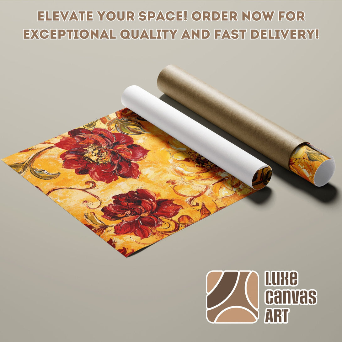 Poster Roll featuring a vibrant floral painting in warm red and yellow tones. Elevate your space with art!
