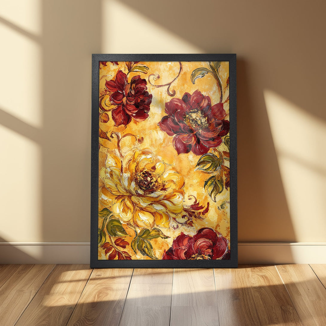 Framed Poster featuring vibrant floral art in a warm yellow, red, and green palette. Perfect wall decor!