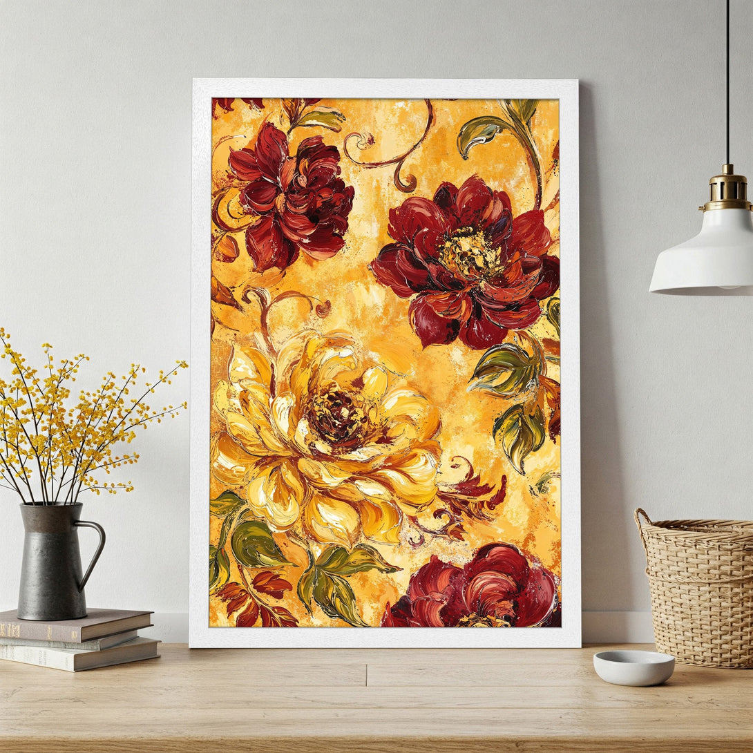 Framed Poster featuring vibrant floral art in a warm yellow, red, and green palette. Perfect for adding a touch of elegance!
