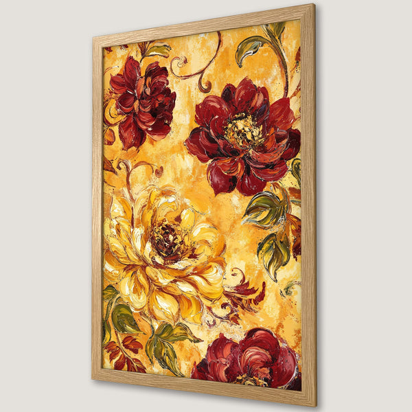 Framed Poster featuring a floral oil painting in a warm yellow, red, and green palette. Perfect wall art for your home!