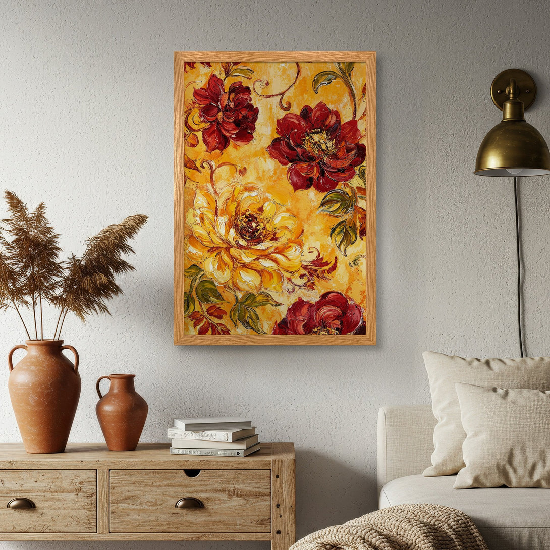 Framed Poster featuring vibrant floral art in warm yellow and red tones, perfect for adding a touch of elegance to your home decor.