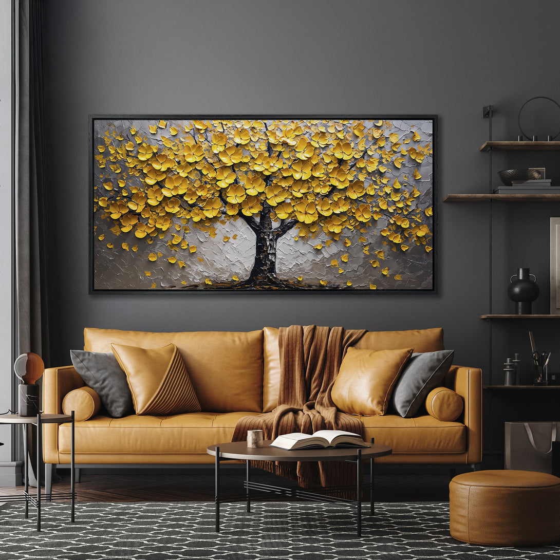 Framed Wall Art: Stunning yellow floral tree painting in a modern interior. Warm palette with pops of gold against a gray backdrop. Elevate your space!