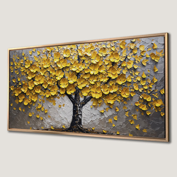Framed Wall Art: Textured tree painting with yellow leaves on a grey background. Modern art for home decor, featuring a gold frame.