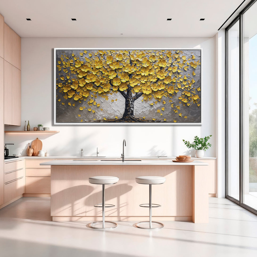 Framed Wall Art: Textured yellow tree painting with gray background. Modern art canvas print adds warmth to this kitchen's neutral color palette.