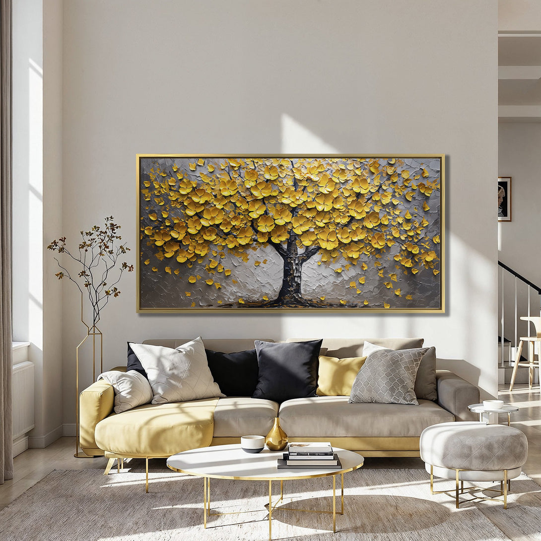 Canvas Print of a textured tree painting with yellow flowers, gray background, and a touch of red. Modern wall art for your home.