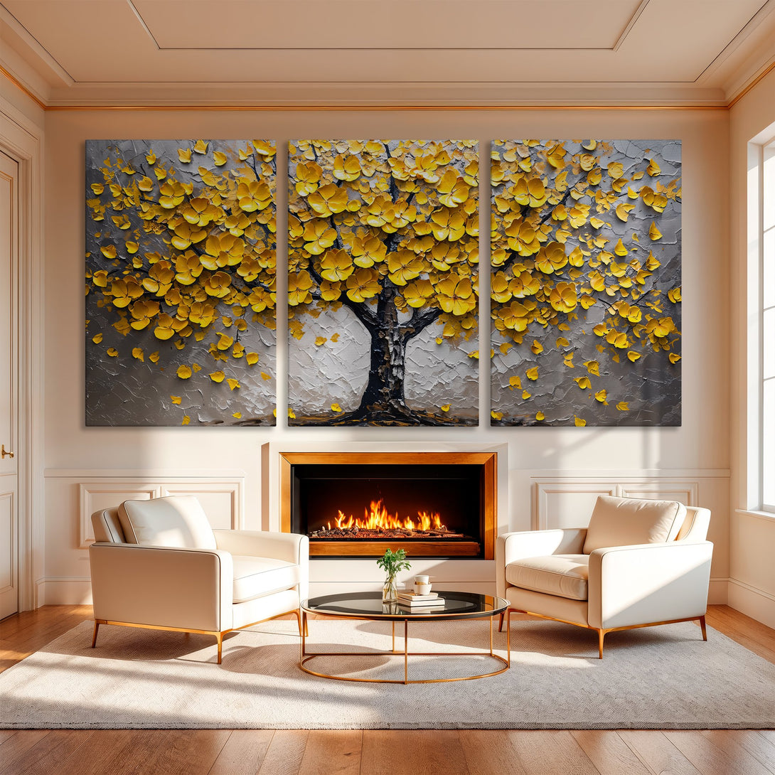 Stunning Canvas Print of a textured tree with yellow blossoms. Modern art in a gray and yellow color palette, perfect for any interior.