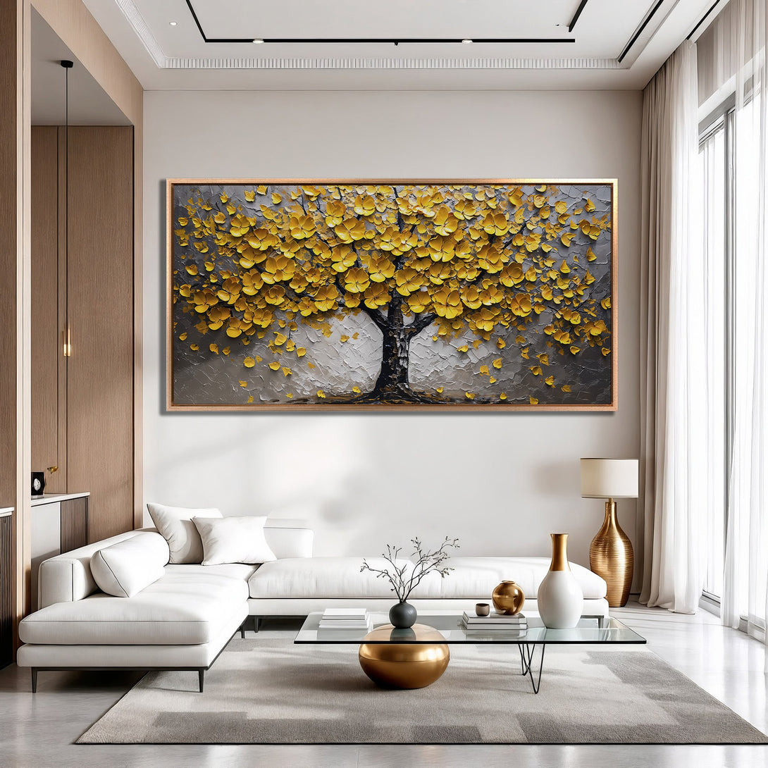Framed Wall Art featuring a textured tree with yellow blossoms. Modern art in a neutral interior, showcasing a warm, inviting color palette.