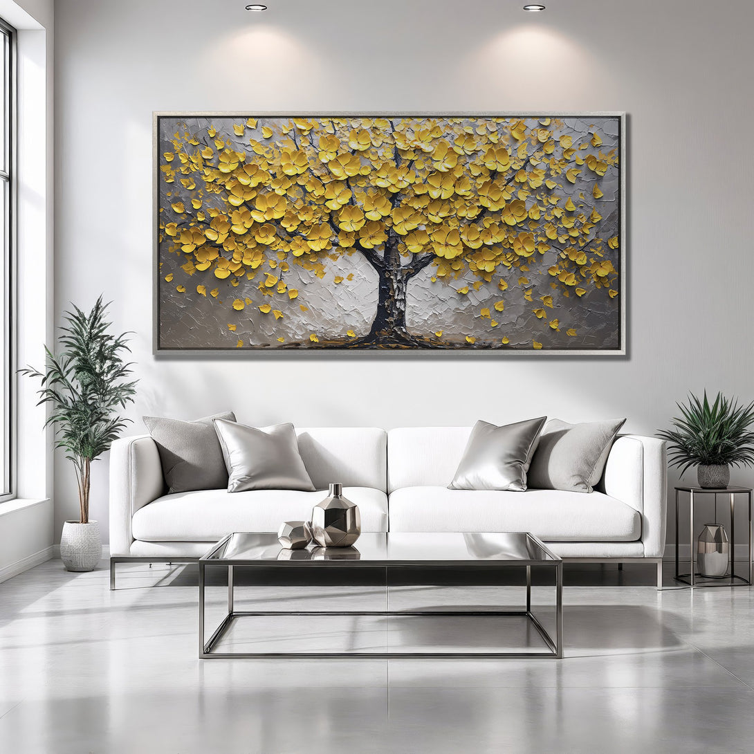 Framed Wall Art: Textured yellow tree painting on gray background. Modern abstract art with a neutral color palette, perfect for home decor.