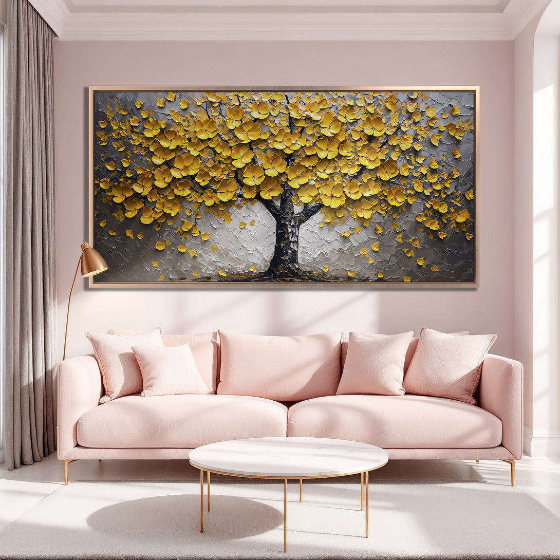 Framed Wall Art: Textured tree art in yellow and gray, creating a stunning focal point. Perfect for adding warmth and style to your living room.