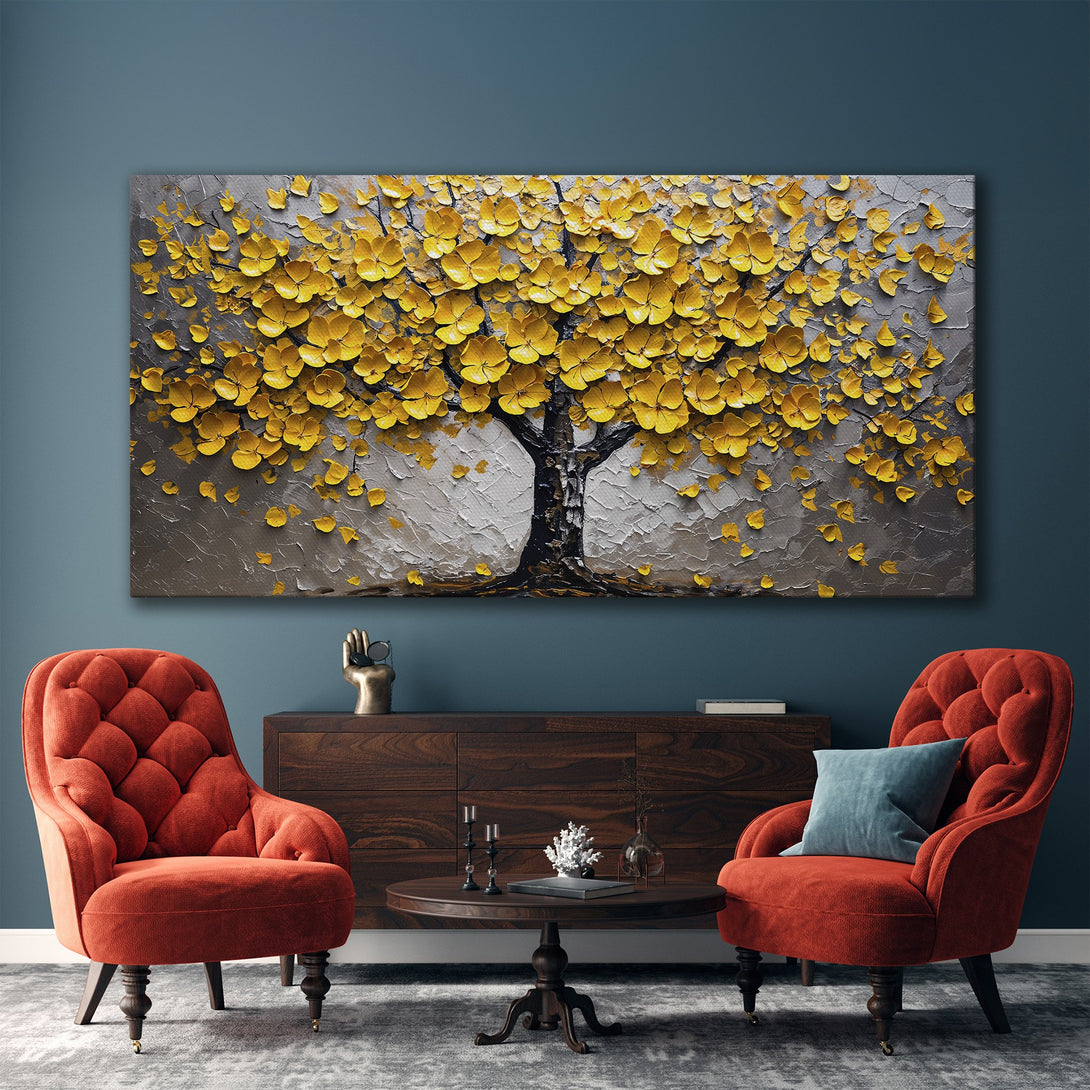 Framed Wall Art: Stunning yellow tree painting in a modern interior. Textured art with a warm, inviting color palette. Perfect for home decor.