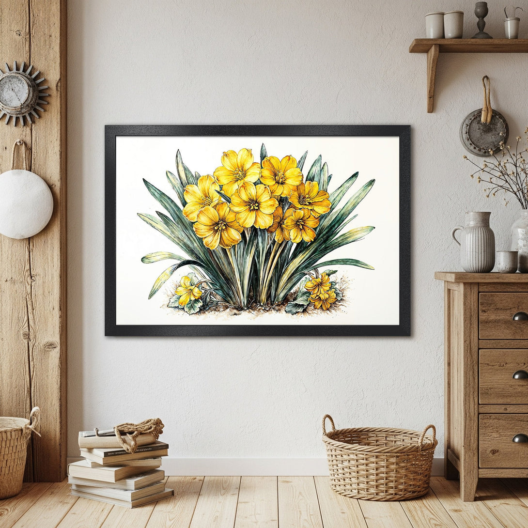 Framed Poster featuring watercolor daffodils, yellow and green floral art, perfect for home decor.