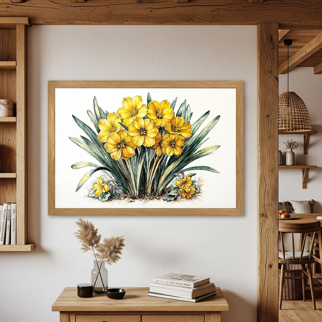 Framed Poster featuring watercolor yellow daffodils. Botanical art print with green and yellow color palette, perfect for home decor.