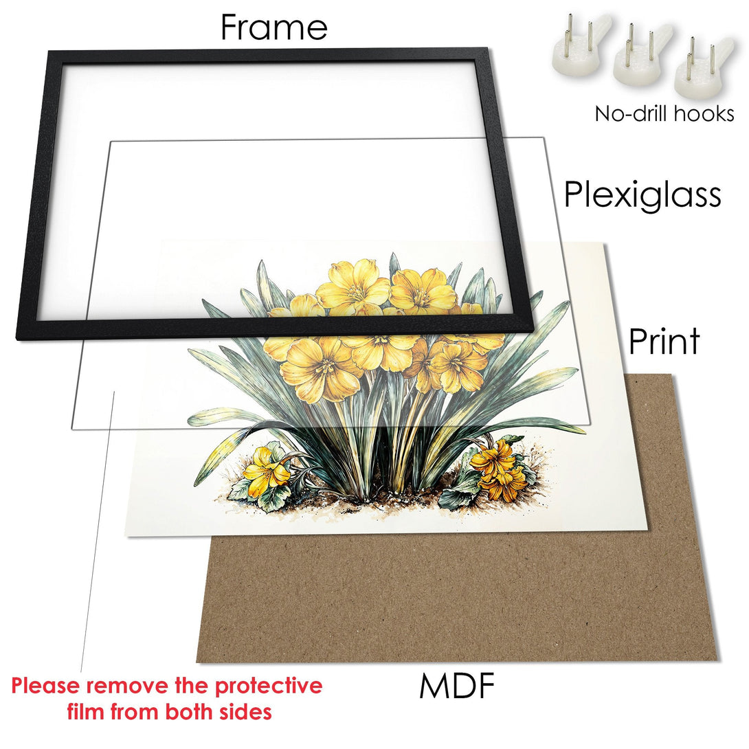 Framed Poster featuring watercolor yellow flowers. Botanical art in a black frame. Perfect wall decor for any room.